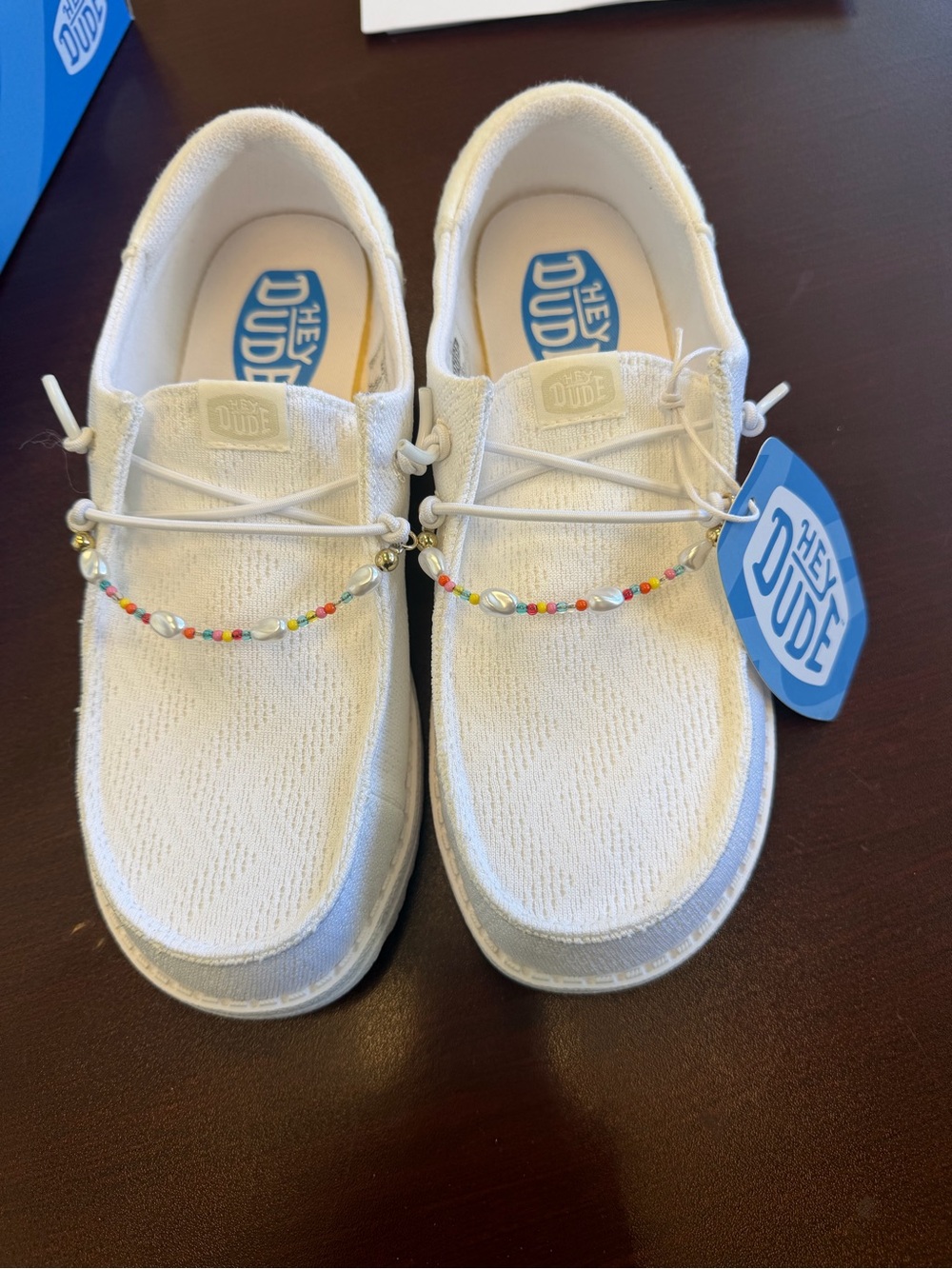 Hey Dude Womens White Slip-On Canvas Sneakers with Multicolor Bead Detail Size 7